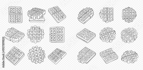 Set of various waffle shapes and styles in line art, perfect for breakfast and dessert illustrations.