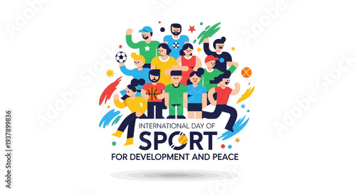 Vibrant illustration of diverse people engaging in various sports activities together, celebrating unity and development through sport