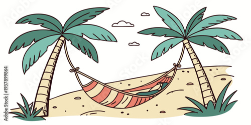 Relaxing in a hammock between two palm trees on a sunny beach Vector