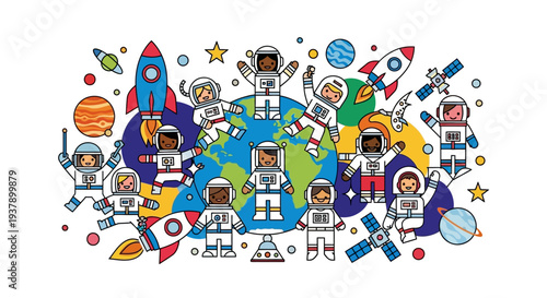 Children in space suits exploring the world surrounded by planets, rockets, and stars from a global viewpoint