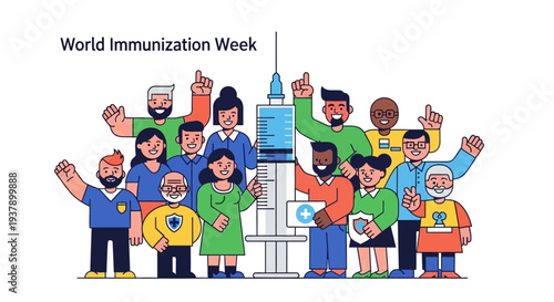 Diverse group of people celebrating World Immunization Week with syringe illustration