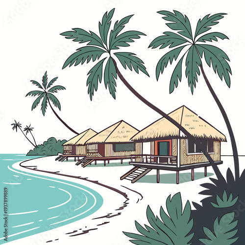 A serene tropical beach resort with palm trees and a clear blue sky. Vector