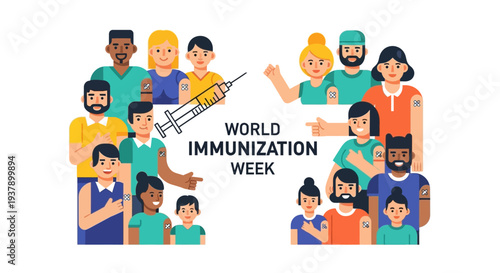 Diverse group of people and medical professionals gathered for World Immunization Week illustration