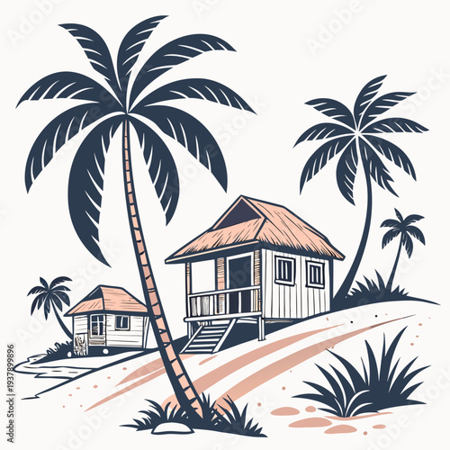 A tropical beach house surrounded by palm trees and a sandy shore. Vector