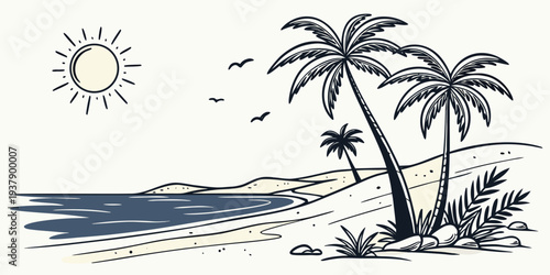 A serene beach scene with palm trees and a clear blue sky. Vector