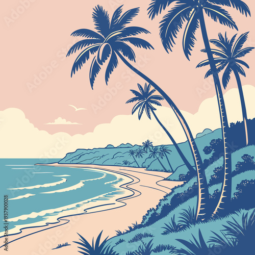 A serene beach scene with palm trees and a calm ocean at sunset. Vector