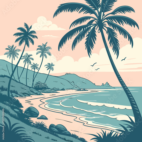 Serene tropical beach scene with palm trees and calm blue ocean waters. Vector
