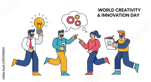 People celebrating World Creativity and Innovation Day with ideas and inspiration in a dynamic illustration
