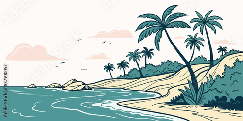 Tropical island with palm trees and clear blue waters under a sunny sky Vector