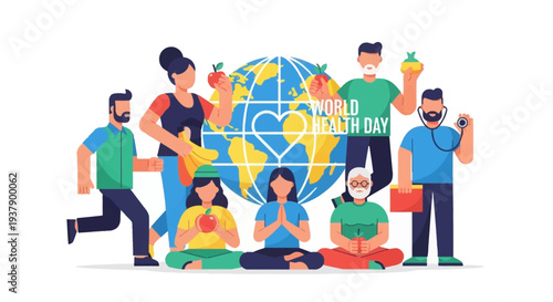 Diverse group of people celebrating World Health Day around a large globe illustration
