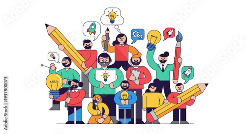 Diverse group of people celebrating with oversized pencils and icons