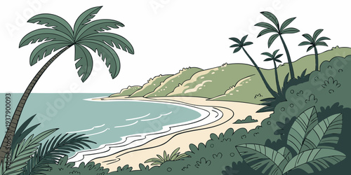 A serene tropical beach with palm trees and a clear blue sky Vector