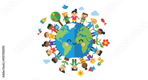 Diverse children from around the world unite holding hands surrounding a blue earth illustration