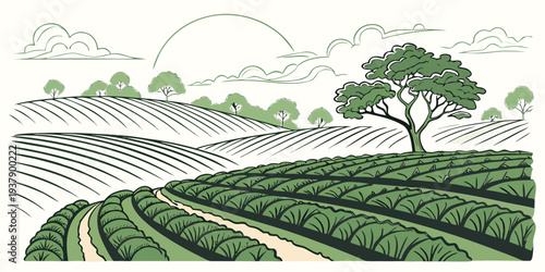 A serene landscape with rolling hills and a winding path under a clear sky Vector