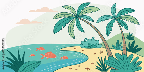 Tropical beach scene with palm trees and a calm ocean Vector