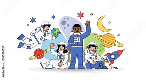 Group of diverse astronauts celebrating space exploration with planets and stars in the background
