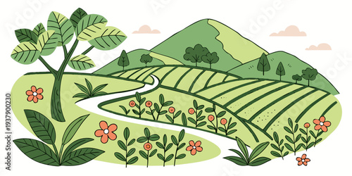 A picturesque landscape of rolling hills covered in lush green trees and vibrant crops. Vector
