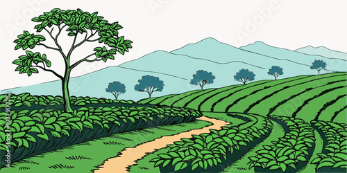 A serene landscape of rolling green hills with a clear blue sky and distant mountains Vector