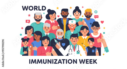 Diverse community celebrating World Immunization Week with joyful gathering and vibrant illustration