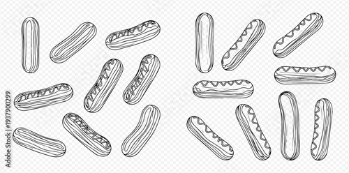 Set of hand-drawn eclairs with various toppings, sweet pastry dessert vector illustration.