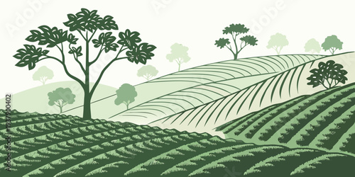 A serene landscape of rolling hills with lush green trees and a clear blue sky. Vector