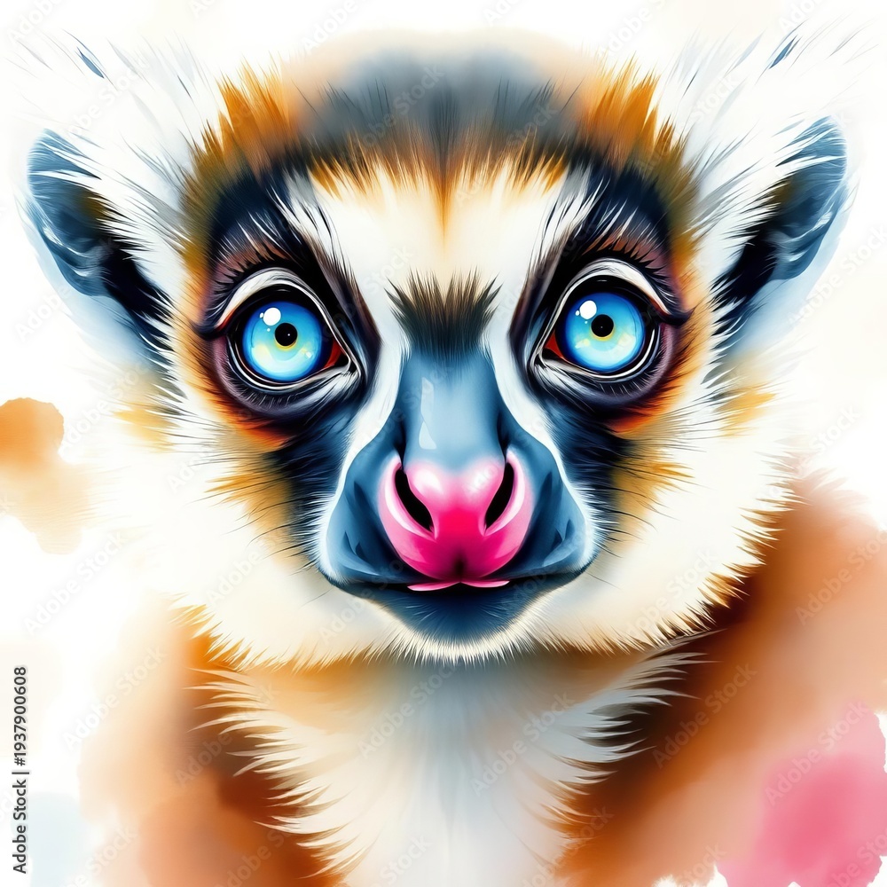 Obraz premium Watercolor illustration of a lemur's face, bright blue eyes, pink nose, painting, vibrant
