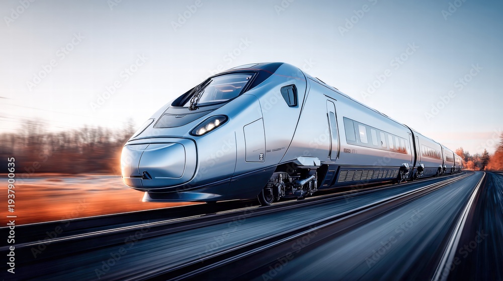 Fototapeta premium A sleek, modern high-speed train races along the tracks, symbolizing efficient travel and innovation.