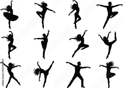 Black silhouette set of graceful male and female contemporary dancers and ballet performers jumping and posing in expressive action isolated on white background.