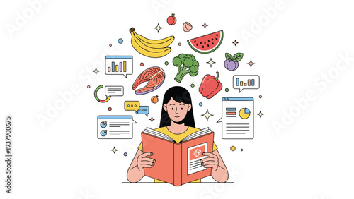 Young woman reading a book about healthy nutrition surrounded by floating icons of fresh fruits, vegetables, and fish.