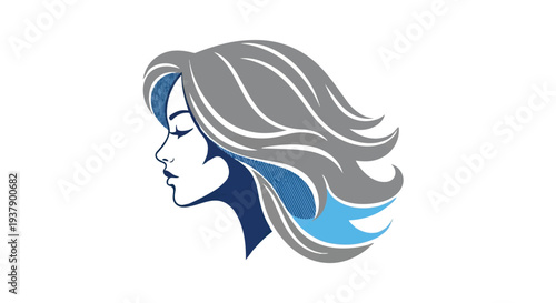 A stylized illustration of a womans head with flowing hair in shades of blue and gray