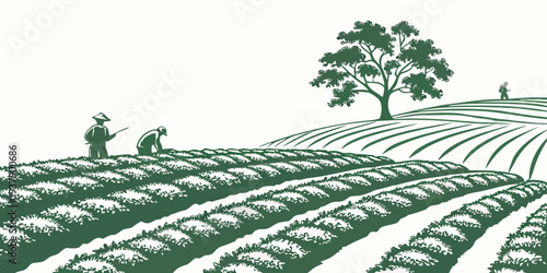 A serene landscape of rolling hills dotted with trees under a clear blue sky. Vector