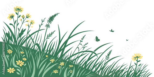 A close-up view of a lush green meadow with delicate yellow flowers Vector