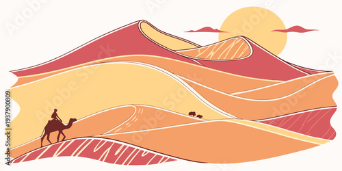 A vibrant and detailed illustration of a sunset over a mountainous landscape Vector