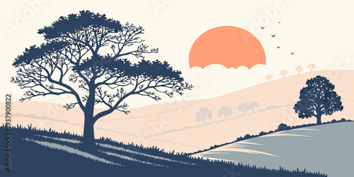 A serene landscape featuring a lone tree on a hill during sunset Vector
