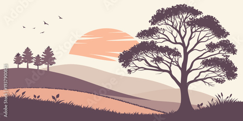 A serene landscape with a solitary tree on a hill during sunset Vector