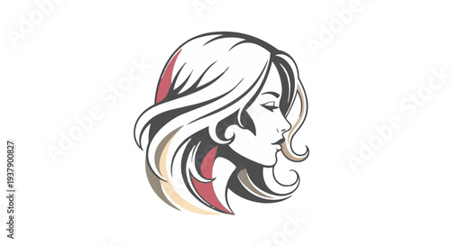Vector illustration of a womans face in profile with flowing hair in pink and gold hues