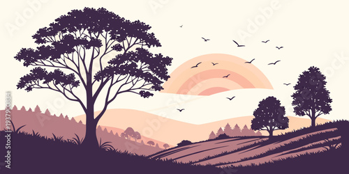 A serene landscape with trees, birds, and a vast open field under a clear sky Vector