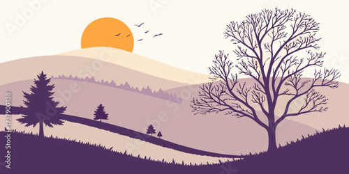 A serene landscape with a sunrise and trees on a gentle hill Vector