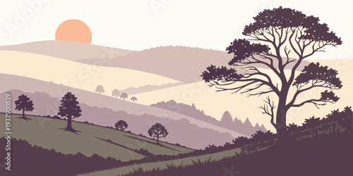 A serene landscape with a sunrise over rolling hills and tall trees Vector