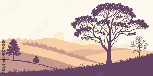 A serene landscape featuring a solitary tree on a gentle hillside Vector