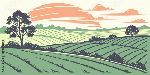 A serene countryside landscape with rolling hills and a vibrant sunset sky Vector