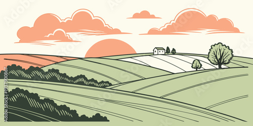 A picturesque landscape with a farmhouse and rolling hills under a colorful sky Vector
