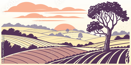 A serene landscape painting of a farm with a golden sunset and lush green trees Vector