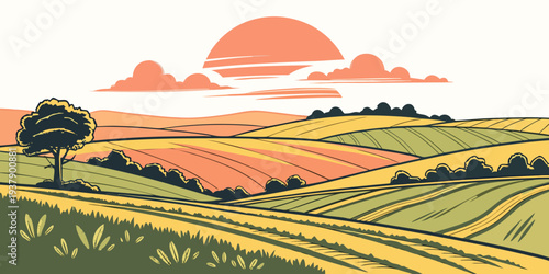 A serene landscape with a vibrant sunset over rolling hills and lush greenery Vector