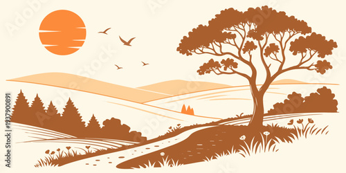 A serene sunrise over a tranquil forest with a lone tree in the foreground. Vector