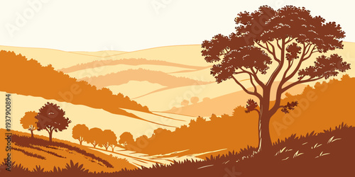 A serene landscape with trees and a vast horizon under a clear sky Vector