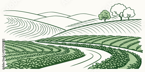 A serene landscape of winding paths through lush green fields and distant mountains Vector