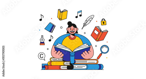 Student surrounded by educational elements reading a book from a stack of books