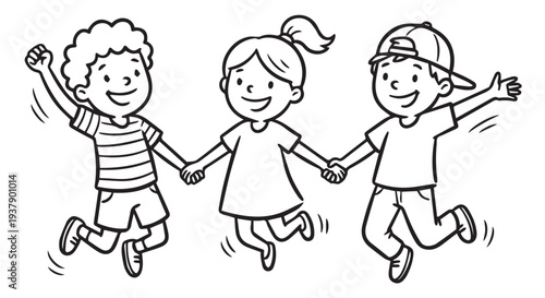 Three happy children jumping and holding hands in a playful leap with big smiles on their faces together.