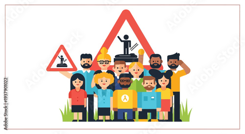 Diverse group of people standing together holding signs in a grassy area